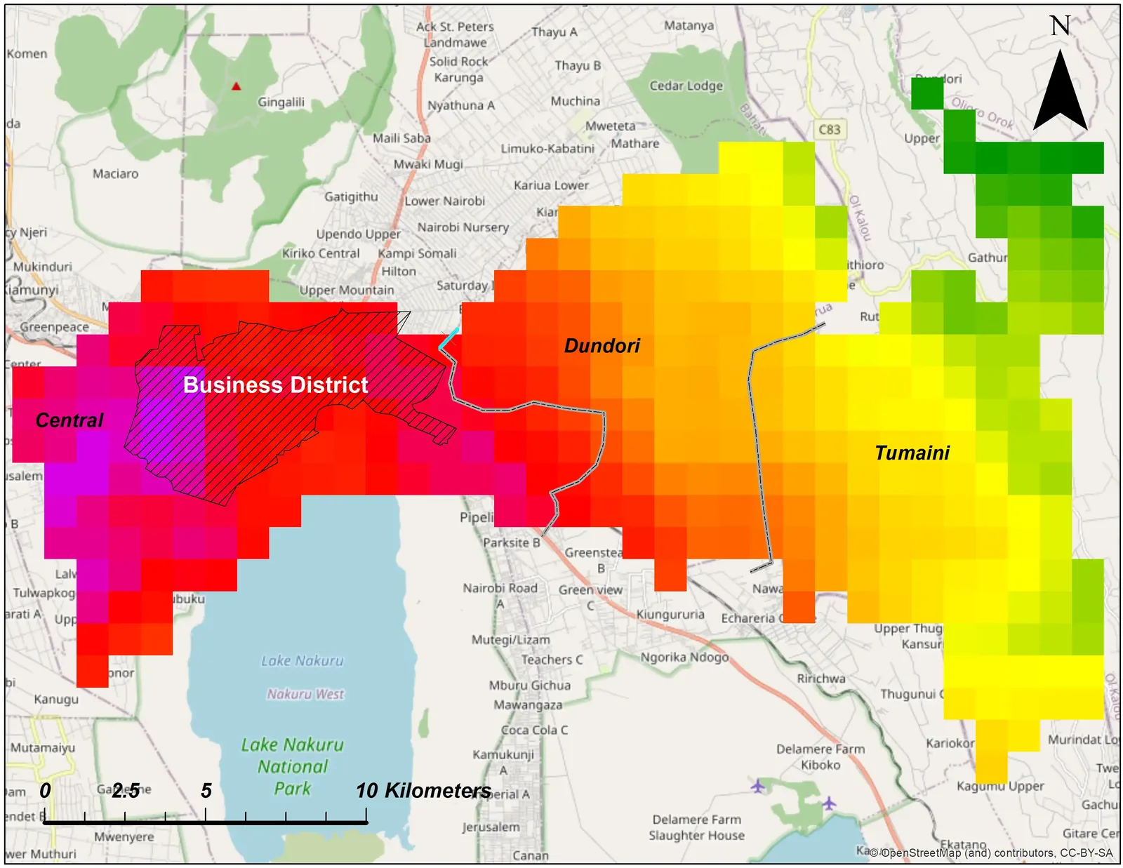 Air pollution exposure map of Central Nakuru County