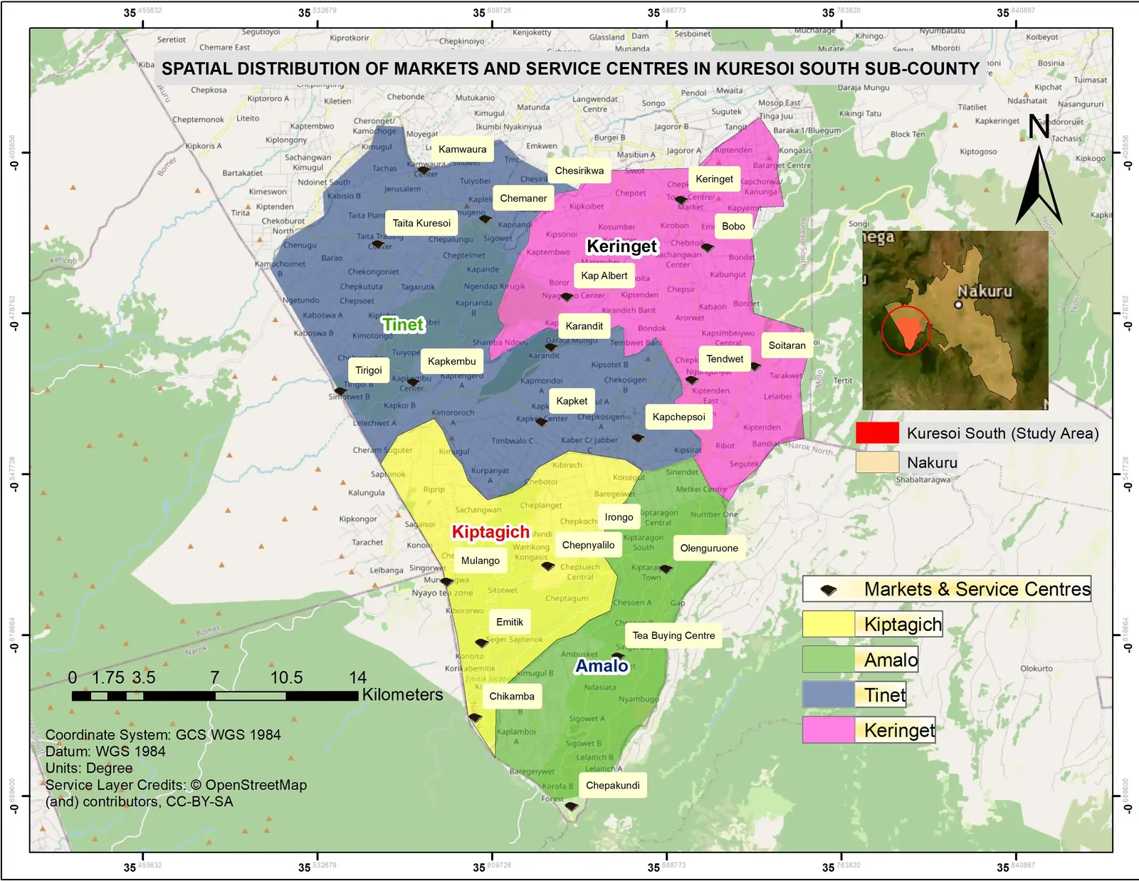 Spatial distribution of service centres in Nakuru West